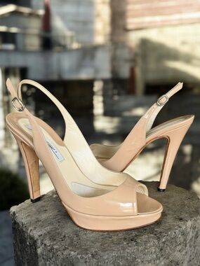 Brian Atwood Nude Patent Slingback Heels Sandals Platform
